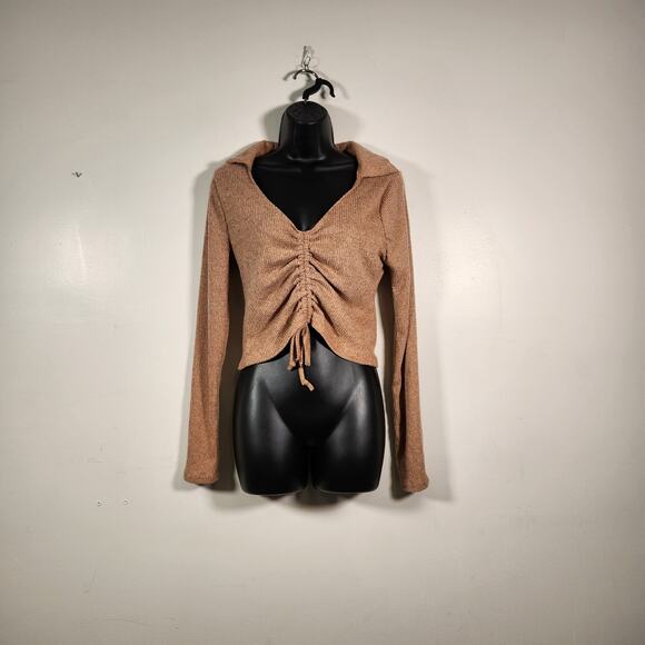 rue21 Sweaters - RUE21 Crop Sweater Womens XL Brown Knit LS Drawstring Bodice Stretch Comfy NEW